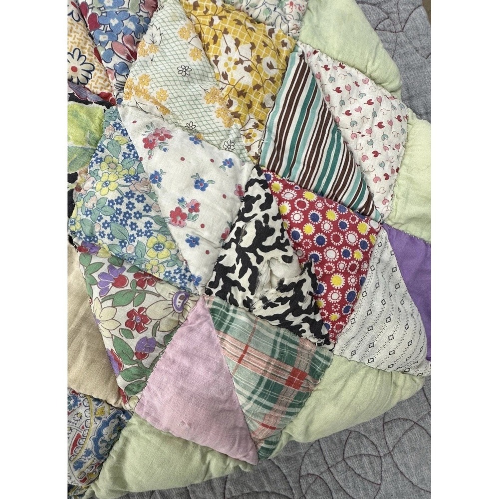 Vintage Handmade Patchwork Quilt Floral Feedsack Style Diamond Scrap Pastel - Picture 5 of 11